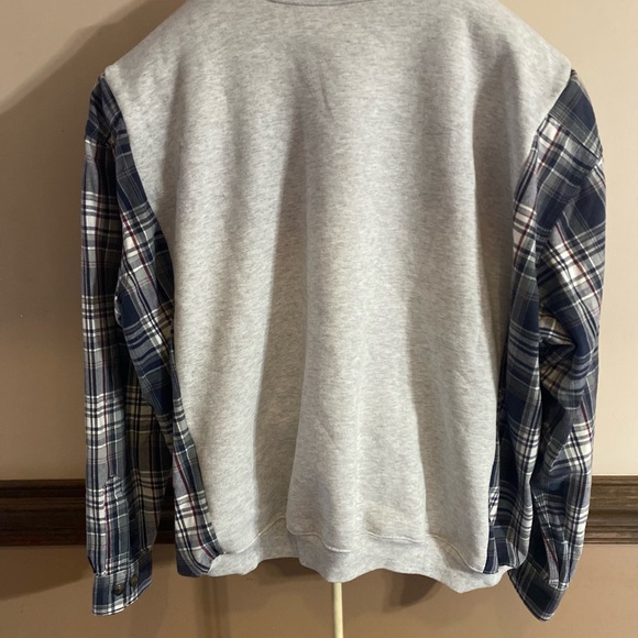 Upcycled Gray Sweatshirt size XL with Plaid Sleeves - Picture 2 of 2